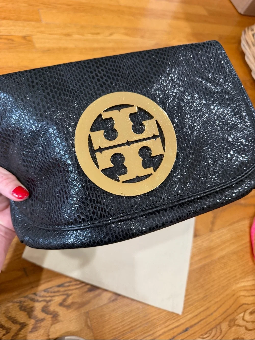 Tory Burch Reva Black Snake Embossed Clutch Crossbody Gold Chain